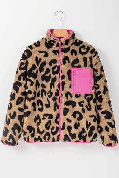 Leopard Colorblock Pocket Zipper Fuzzy Fleece Jacket-Outerwear-MomFashion