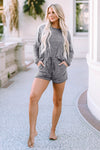 Gray Long Sleeve Top and Drawstring Shorts Lounge Set-Loungewear-MomFashion