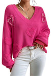 Rose Red Pearl Embellished Fuzzy Hearts V Neck Sweater-Tops-MomFashion