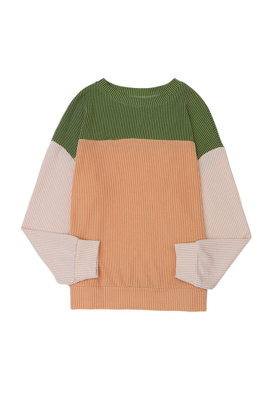 Green Color Block Long Sleeve Ribbed Loose Top-Tops-MomFashion