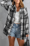 Gray Plaid Print Buttoned Shirt Jacket-Outerwear-MomFashion