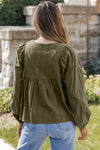 Green Embroidered Split Neck Pleated Loose Blouse-Tops-MomFashion