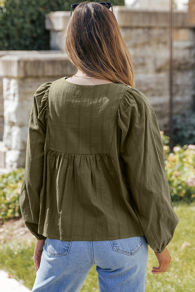 Green Embroidered Split Neck Pleated Loose Blouse-Tops-MomFashion