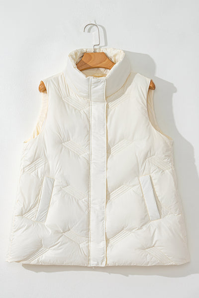 White Quilted High Neck Zip Up Jacket Vest-Outerwear/Vests-MomFashion