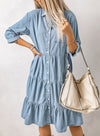 Sky Blue Ruffled Denim Full Buttoned Midi Dress-Dresses-MomFashion