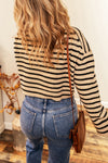 Light French Beige Striped Knit Drop Shoulder Crewneck Cropped Sweater-Tops-MomFashion