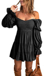 Black Boho Solid Shirred Ruffle Mini Dress-Dresses-MomFashion