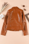 Brown Ribbed Seam Detail Faux Leather Zipped Motorcycle Jacket-Outerwear-MomFashion