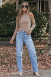 Khaki Marble Knit Cold Shoulder Long Sleeve Top-Tops-MomFashion