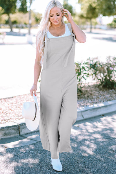 Light Grey Textured Self-Tie Strap Wide-Leg Overalls-Bottoms-MomFashion