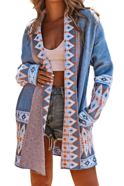 Blue Aztec Print Open Front Knitted Cardigan-Tops-MomFashion