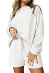 White Textured Long Sleeve Top and Drawstring Shorts Set-Loungewear-MomFashion