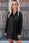 Black Sequin Splicing Pocket Buttoned Shirt Dress-Dresses-MomFashion