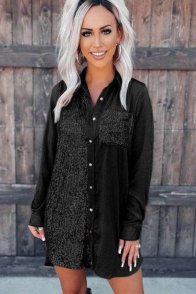 Black Sequin Splicing Pocket Buttoned Shirt Dress-Dresses-MomFashion