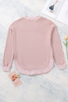 Pink Crew Neck Ribbed Trim Waffle Knit Top-Tops-MomFashion