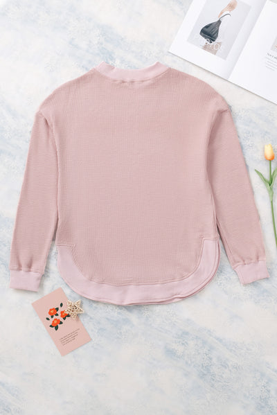 Pink Crew Neck Ribbed Trim Waffle Knit Top-Tops-MomFashion