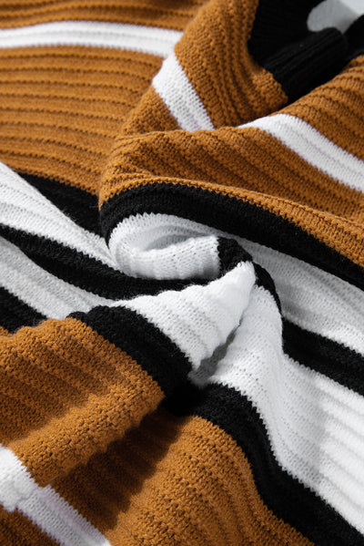 Brown Stripe Contrast Stripes V Neck Textured Knit Sweater-Tops-MomFashion