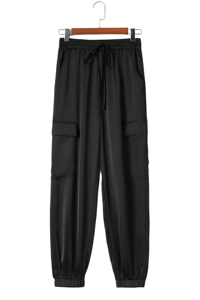 Black Satin Pocketed Drawstring Elastic Waist Pants-Bottoms-MomFashion