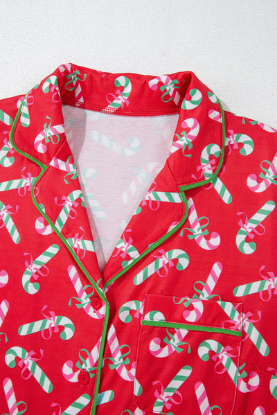 Red Christmas Candy Cane Print Pocketed Knotted Pajama Set-Loungewear & Sleepwear/Sleepwear-MomFashion