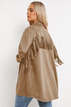 Khaki Fringe Trim Plus Size Suede Shacket-Plus Size-MomFashion