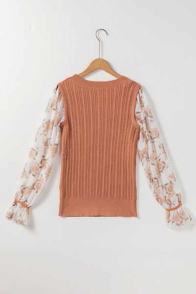 Golden Fleece Floral Patchwork Ruffled Cuff Cable Knit Sweater-Tops-MomFashion