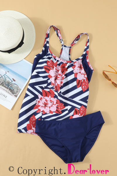 Blue Floral Printed Lined Tankini Swimsuit-Swimwear-MomFashion