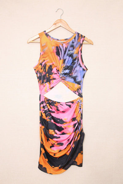 Multicolor Tie-dye Print Hollow Out Twist Bodycon Mini Dress-Dresses-MomFashion