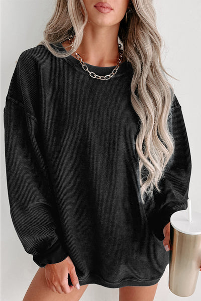 Black Solid Ribbed Knit Round Neck Pullover Sweatshirt-Tops-MomFashion