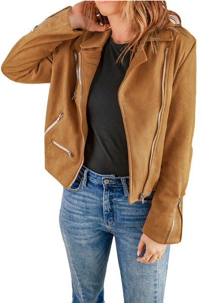 Brown Zipped Notch Collar Short Jacket-Outerwear-MomFashion