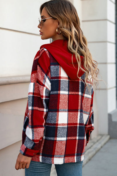 Fiery Red Hooded Plaid Button Front Shacket-Outerwear-MomFashion