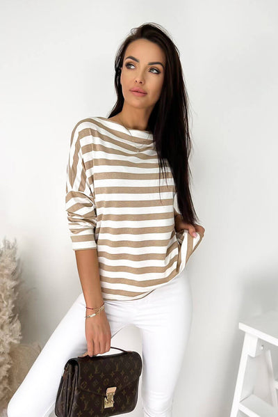 Khaki Striped Boat Neck Long Sleeve Top-Tops-MomFashion