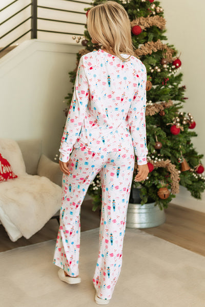 White Christmas Pattern Long Sleeve Top and Wide Leg Pants Set-Loungewear & Sleepwear/Loungewear-MomFashion