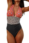 Retro Floral Leopard Stripes Deep V Neck One-piece Swimwear-Swimwear-MomFashion