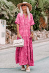 Pink Paisley Print Boho Holiday Ruffle Tiered Maxi Dress-Dresses-MomFashion