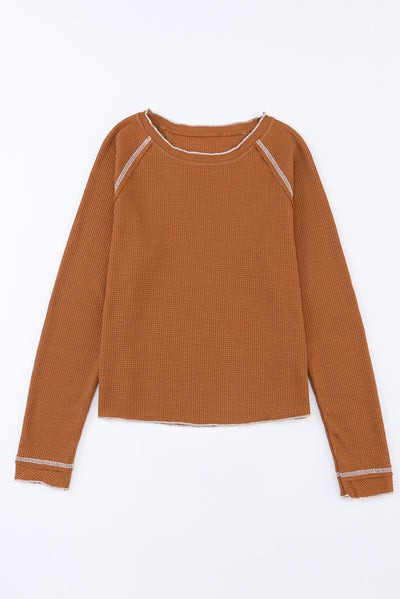 Brown Textured Round Neck Long Sleeve Top-Tops-MomFashion