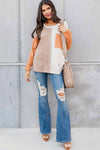 Orange Long Sleeve Colorblock Chest Pocket Textured Knit Top-Tops-MomFashion