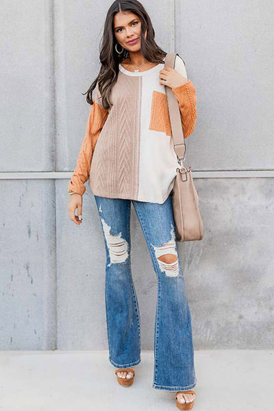 Orange Long Sleeve Colorblock Chest Pocket Textured Knit Top-Tops-MomFashion