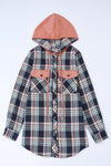 Pink Contrast Hooded Drawstring Plaid Shacket-Outerwear-MomFashion