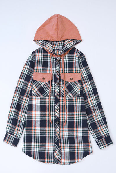 Pink Contrast Hooded Drawstring Plaid Shacket-Outerwear-MomFashion