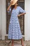 Sky Blue V Neck Casual Geometric Print Maxi Dress-Dresses-MomFashion