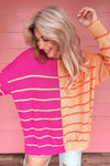 Multicolour Striped Color Block Loose Fit Knit Sweater-Tops-MomFashion