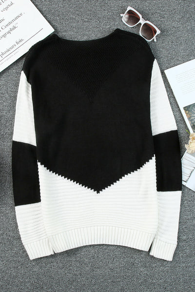 Black Two-Tone Chevron Pullover Sweater-Tops-MomFashion