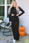 Black Ribbed Twist Cutout Long Sleeve Dress-Dresses-MomFashion