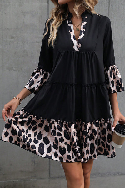 Black Leopard Trim V Neck Ruffled Sleeve Flared Dress-Dresses-MomFashion