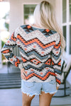 Multicolor Aztec Print V Neck Long Sleeve Top-Tops-MomFashion