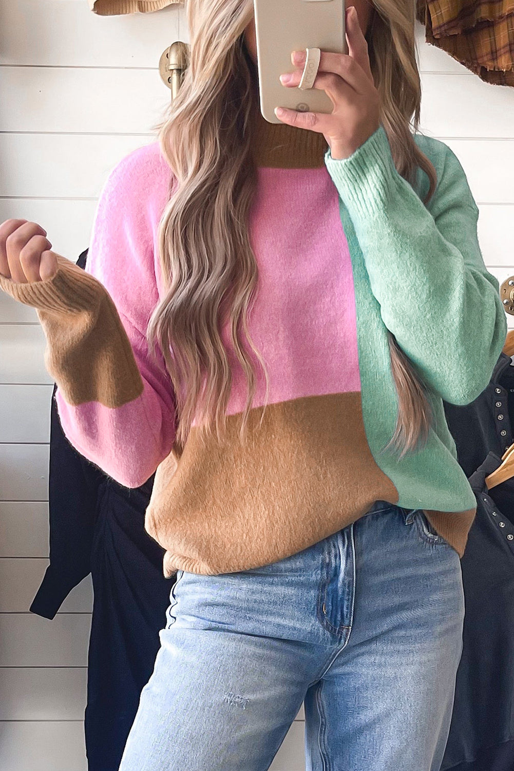 Multicolour Colorblock Mock Neck Ribbed Trim Sweater-Tops-MomFashion