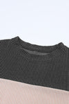 Black Color Block Long Sleeve Ribbed Loose Top-Tops-MomFashion