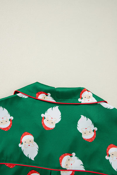 Green Christmas Santa Claus Print Satin Shirt and Shorts Set-Loungewear & Sleepwear/Sleepwear-MomFashion