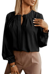 Black Crew Neck Gathered Stretch Cuff Shirt-Tops-MomFashion