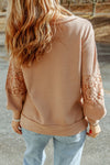 Apricot Lace Waffle Patchwork Strappy V Neck Long Sleeve Top-Tops-MomFashion